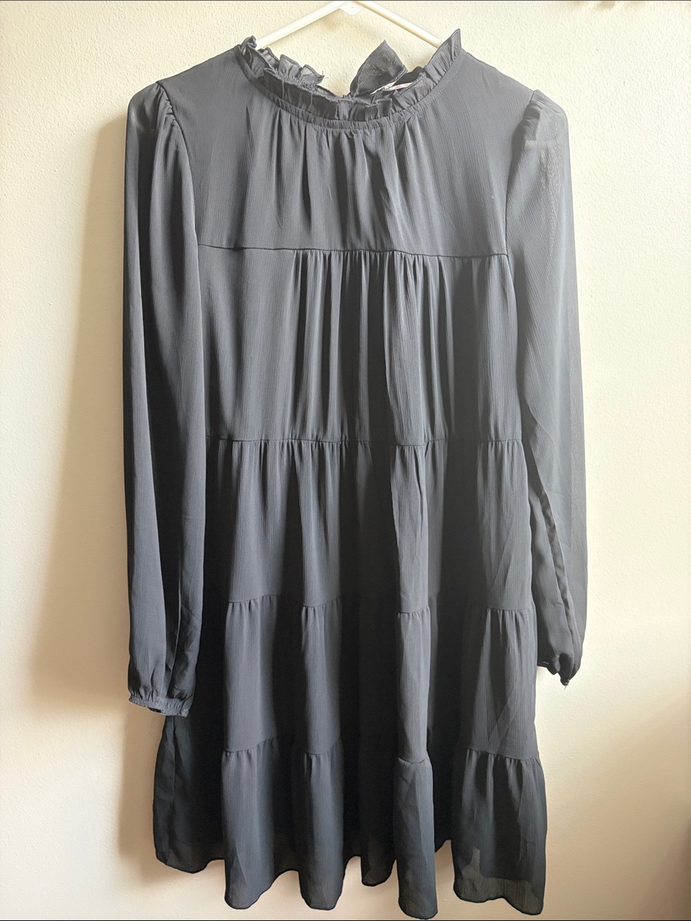 Black Tiered Long-Sleeve Midi Dress with Ruffle Neck